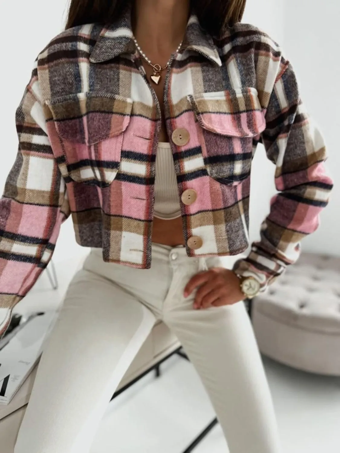 Pocketed Collared Neck Long Sleeve Plaid Jacket sold by Charming Charlie product image thumbnail 2
