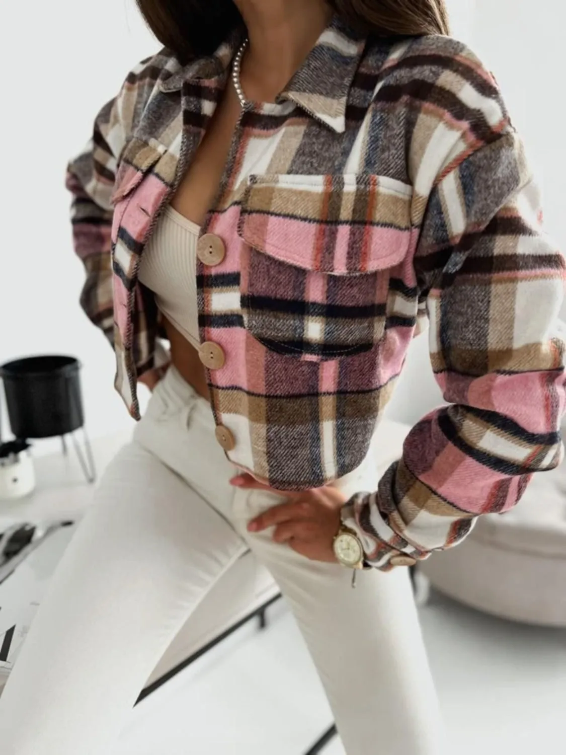 Pocketed Collared Neck Long Sleeve Plaid Jacket sold by Charming Charlie product image thumbnail 3