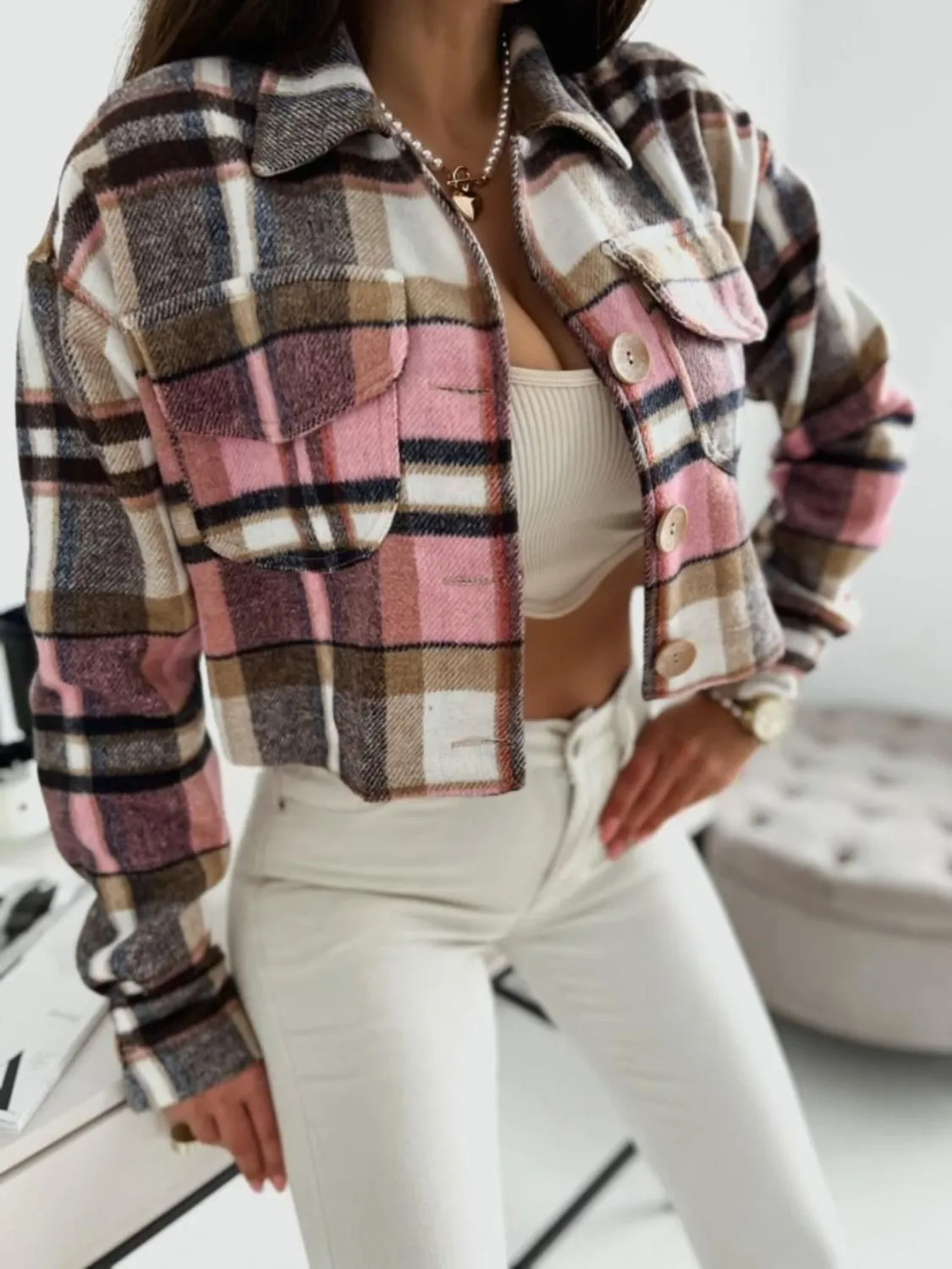 Pocketed Collared Neck Long Sleeve Plaid Jacket sold by Charming Charlie product image thumbnail 4