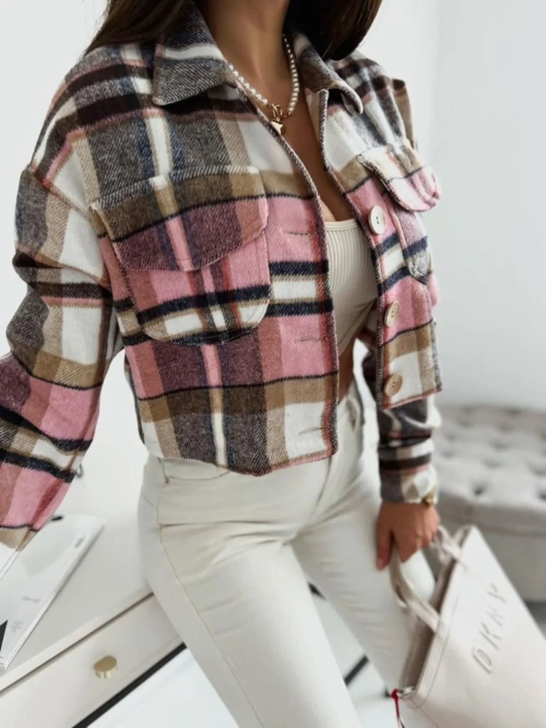 Pocketed Collared Neck Long Sleeve Plaid Jacket sold by Charming Charlie