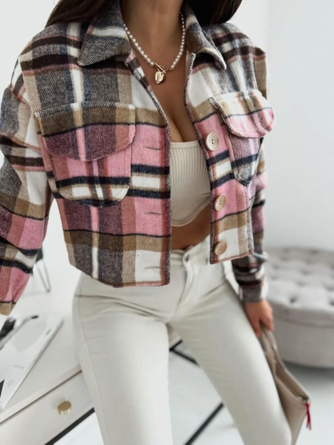 Pocketed Collared Neck Long Sleeve Plaid Jacket sold by Charming Charlie product image thumbnail 5