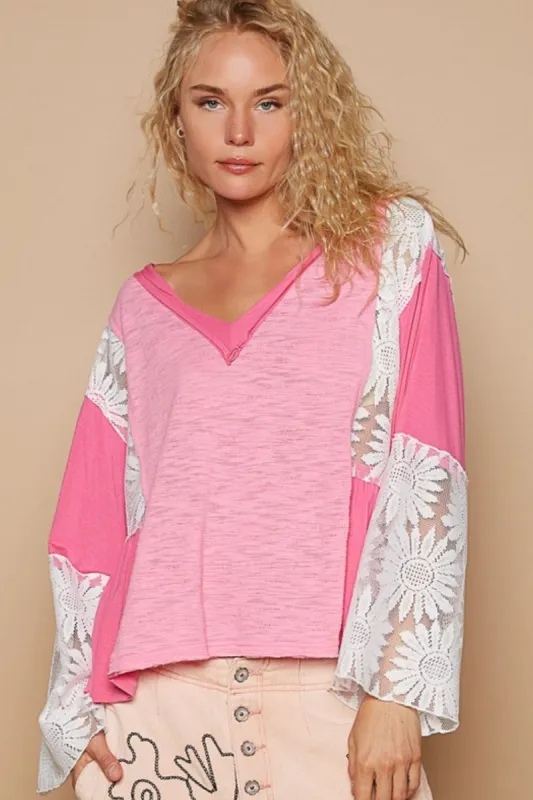 POL Lace Detail V-Neck Flare Sleeve Blouse sold by Charming Charlie