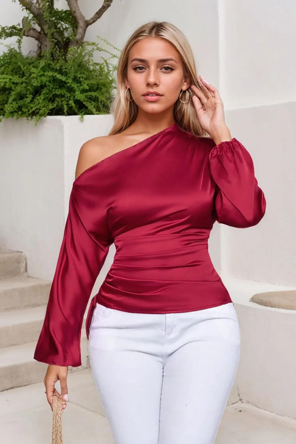 Drawstring One Shoulder Long Sleeve Blouse sold by Charming Charlie product image thumbnail 5