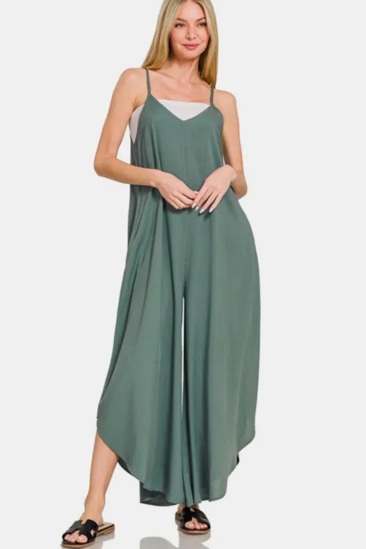 Zenana Sleeveless Curved Hem Wide Leg Overalls with Pockets sold by Charming Charlie