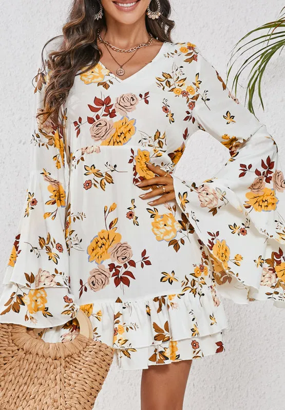 Printed V-Neck Flare Sleeve Mini Dress sold by Charming Charlie