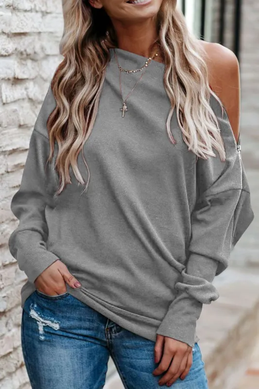 Single Shoulder Long Sleeve Sweatshirt with Zip sold by Charming Charlie