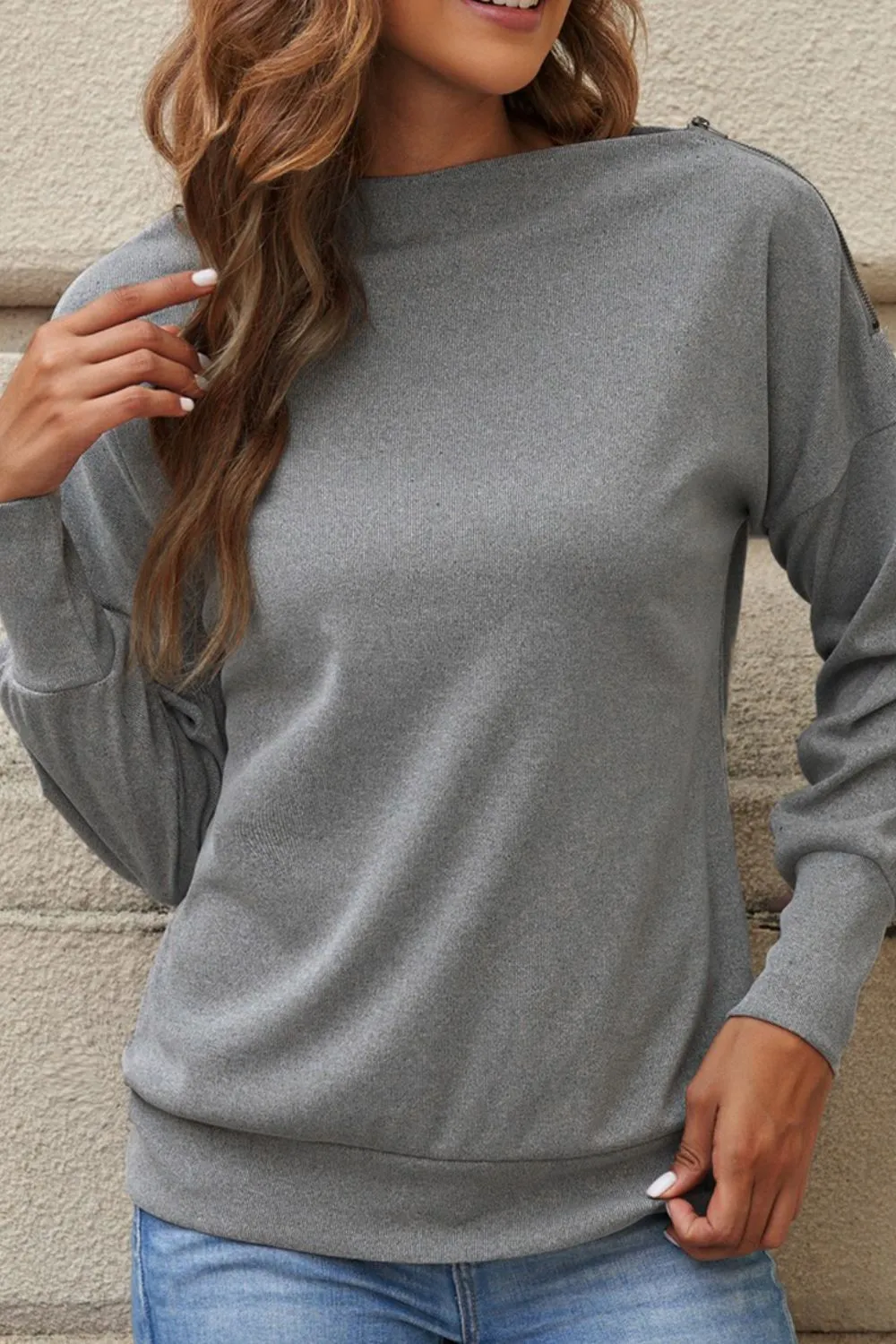 Single Shoulder Long Sleeve Sweatshirt with Zip sold by Charming Charlie product image thumbnail 5