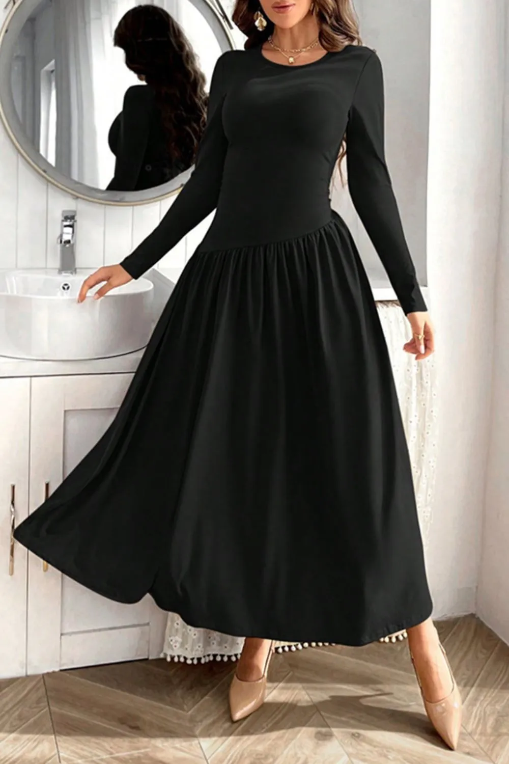 Ruched Round Neck Long Sleeve Dress sold by Charming Charlie