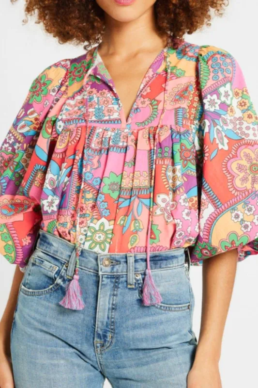 Printed Tie Neck Three-Quarter Sleeve Blouse sold by Charming Charlie