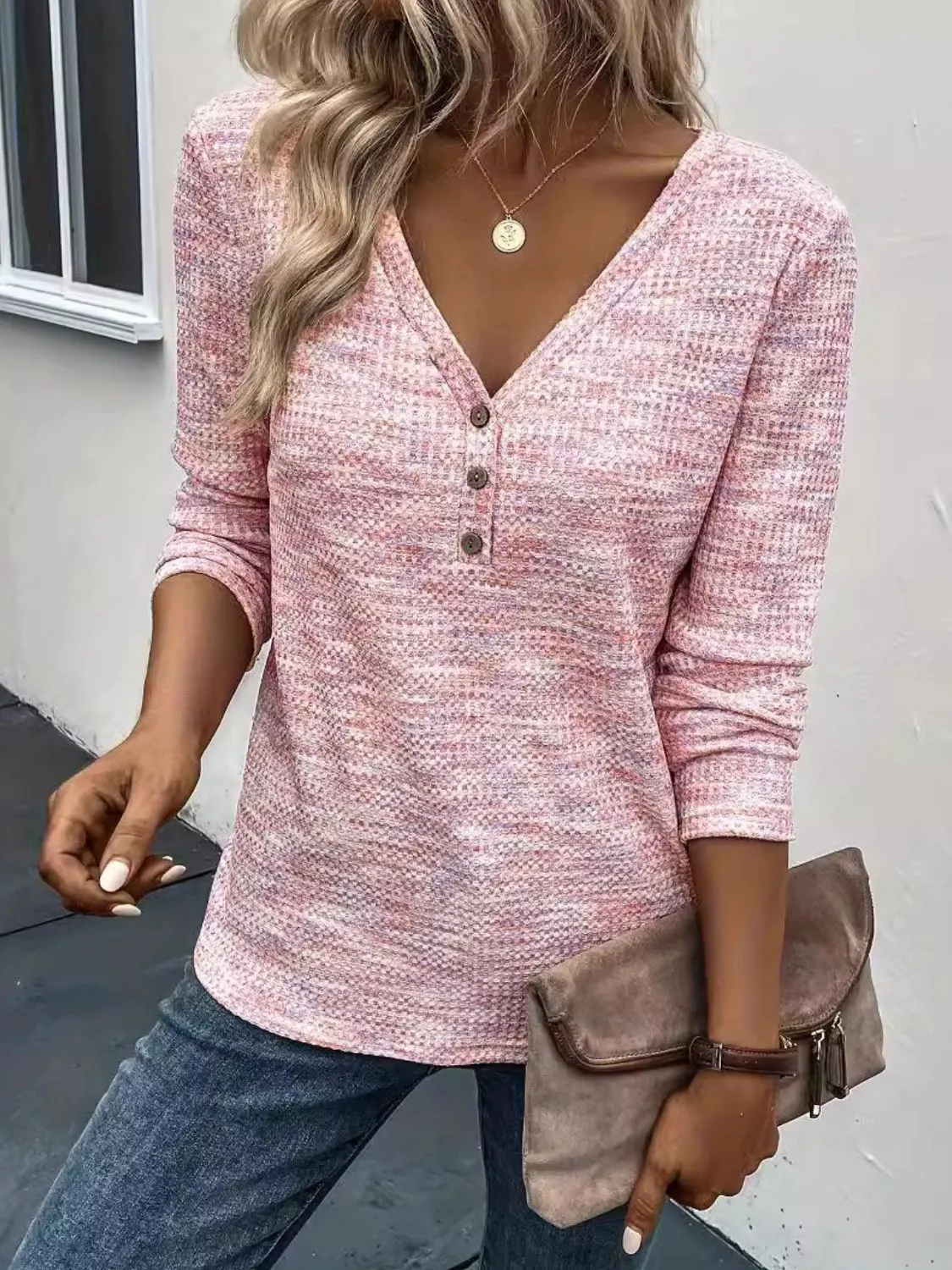 Button Detail V-Neck Long Sleeve Blouse sold by Charming Charlie