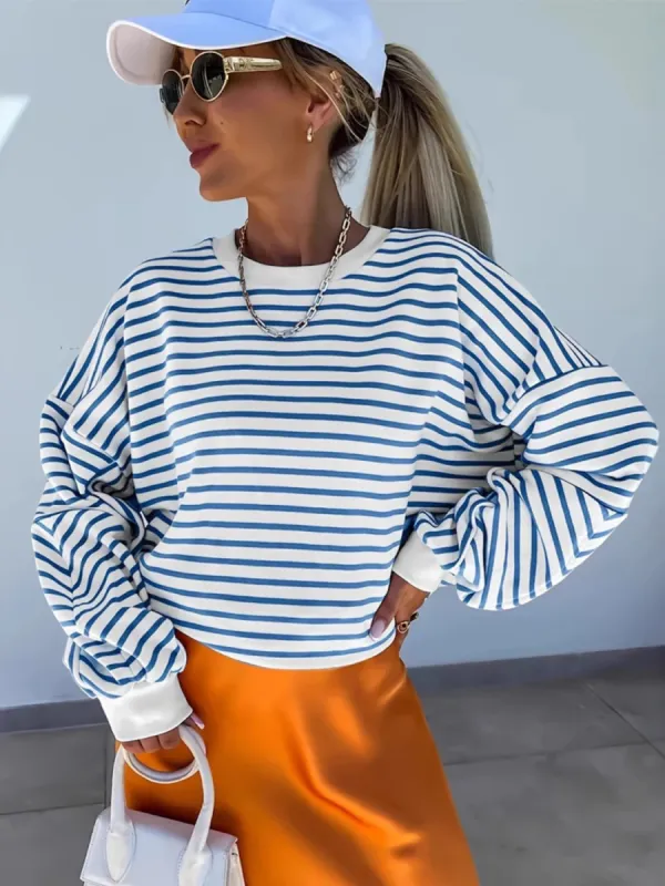 Full Size Striped Round Neck Long Sleeve Sweatshirt Plus Size sold by Charming Charlie