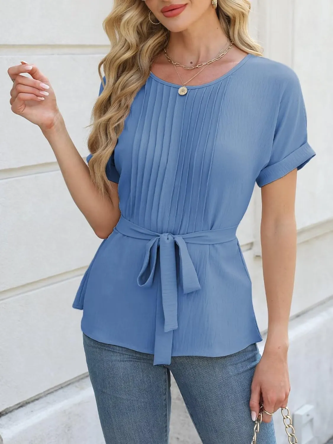 Tie Waist Round Neck Short Sleeve Blouse sold by Charming Charlie product image thumbnail 3