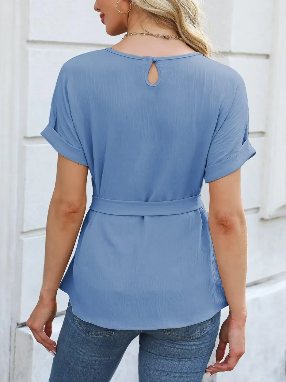 Tie Waist Round Neck Short Sleeve Blouse sold by Charming Charlie product image thumbnail 4