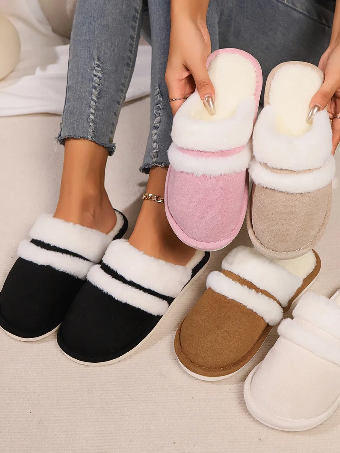 Contrast Faux Fur Round Toe Slippers sold by Charming Charlie