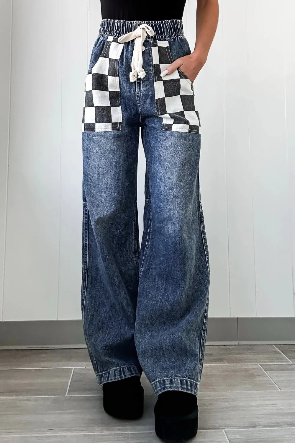 Checkered Wide Leg Jeans sold by Charming Charlie