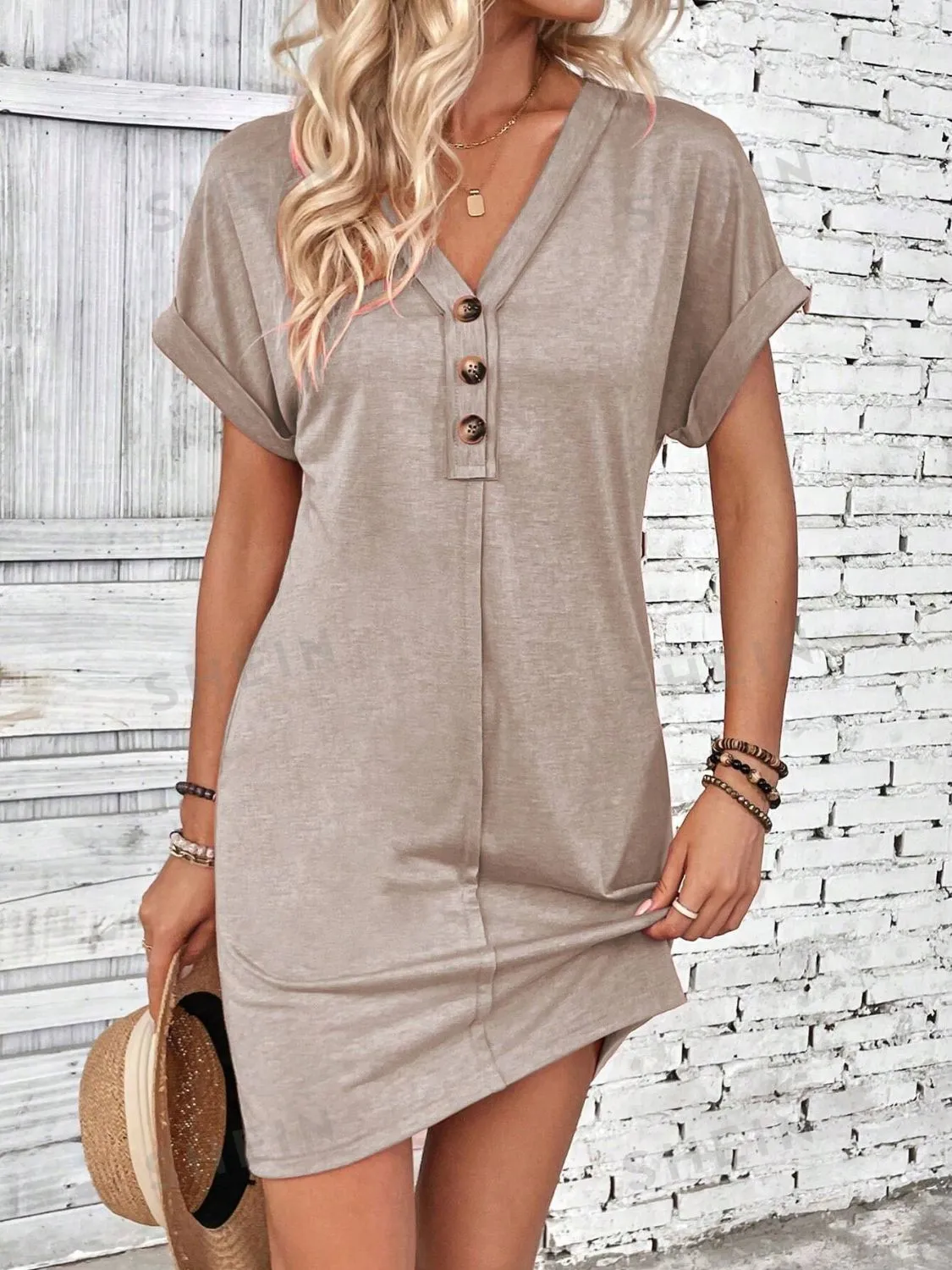Quarter Button V-Neck Short Sleeve Dress sold by Charming Charlie product image thumbnail 3