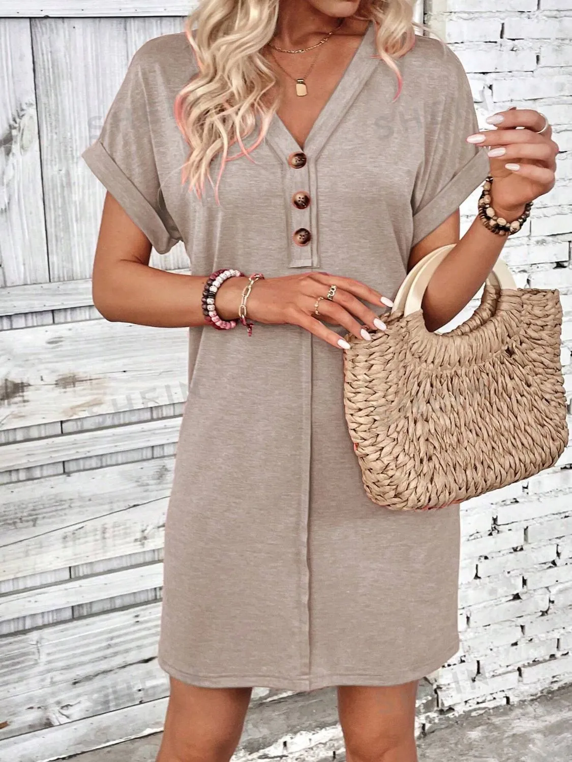 Quarter Button V-Neck Short Sleeve Dress sold by Charming Charlie product image thumbnail 4