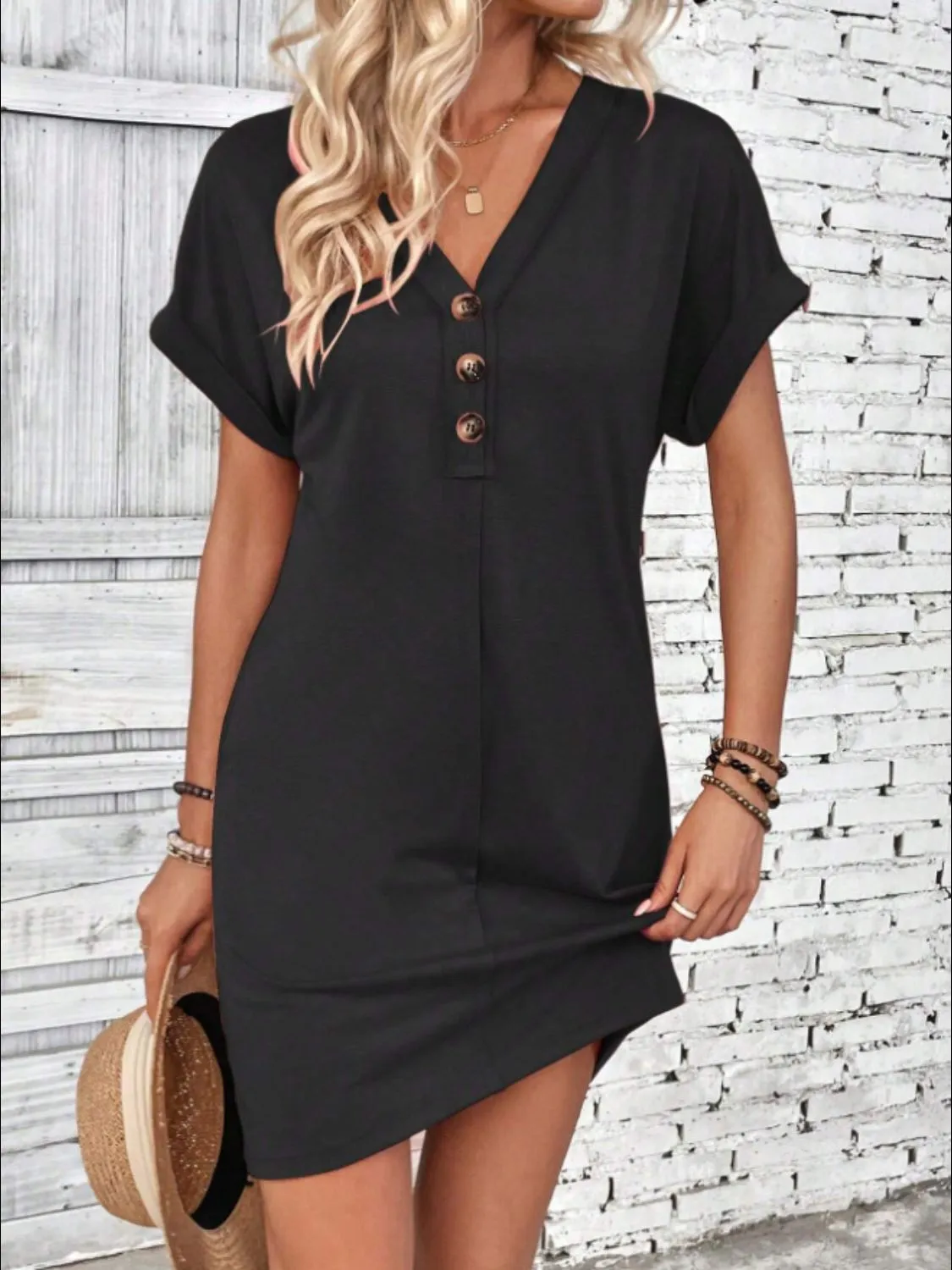 Quarter Button V-Neck Short Sleeve Dress sold by Charming Charlie product image thumbnail 5