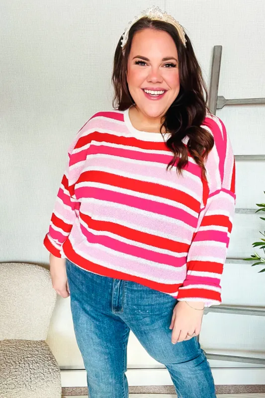 Follow Me Red/Pink Loose Knit Stripe Ribbed Pullover sold by Charming Charlie