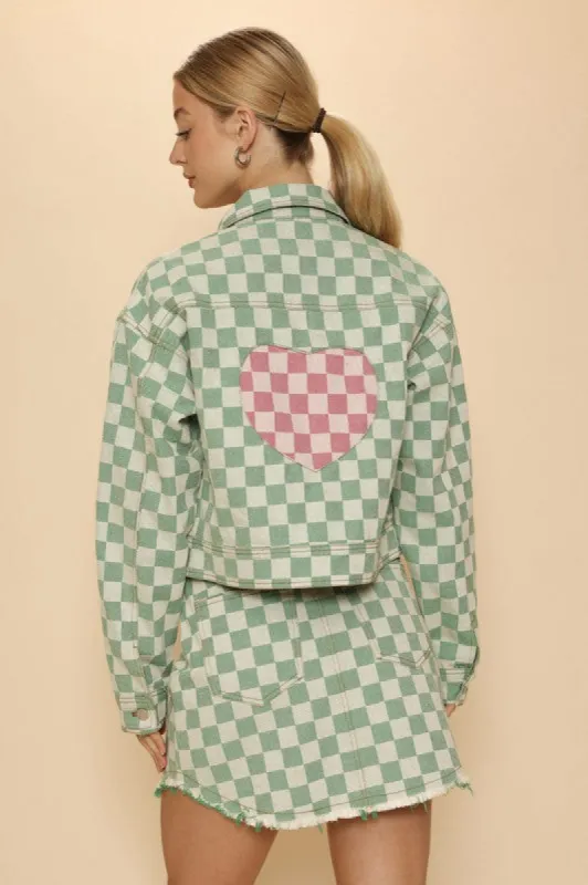 Cropped checkered heart denim jacket sold by Charming Charlie