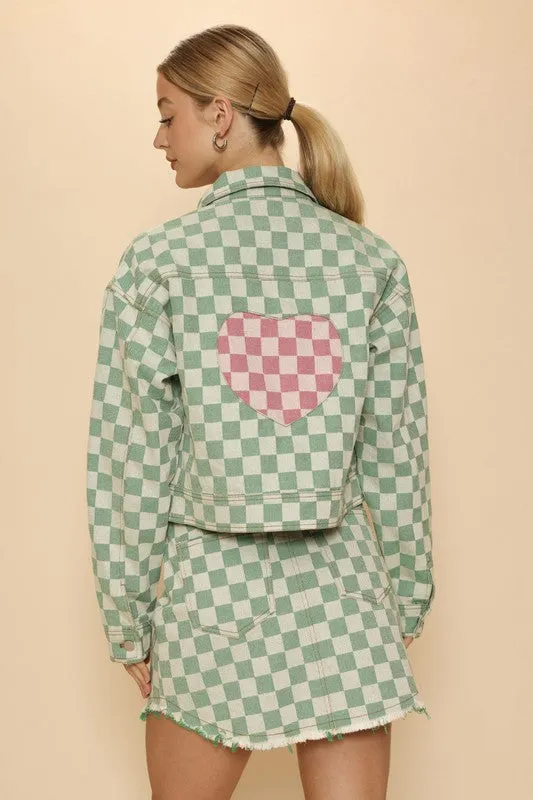Cropped checkered heart denim jacket sold by Charming Charlie
