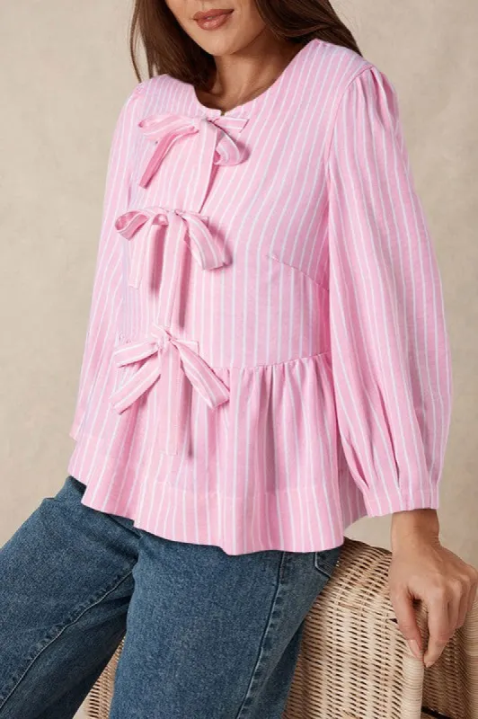 Stripe Bowknot Front Crew Neck Puff Sleeve Blouse sold by Charming Charlie