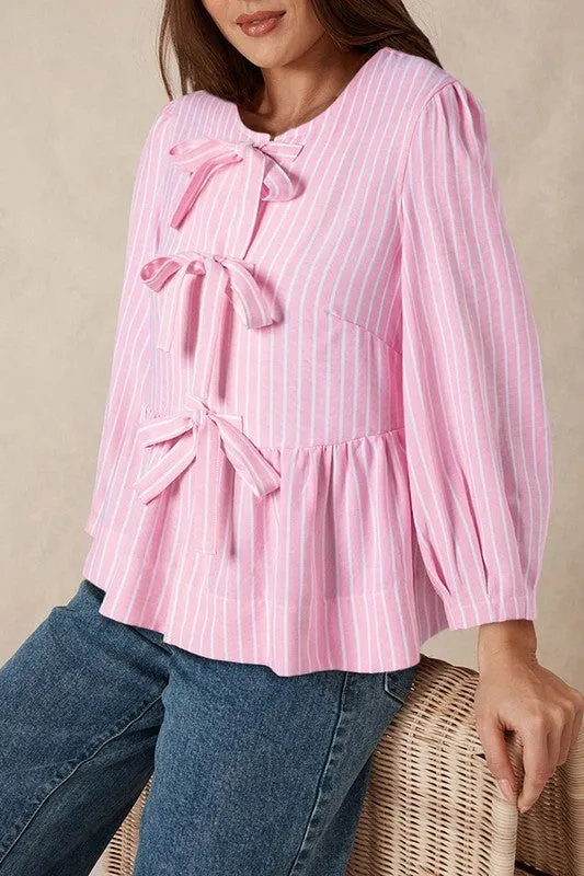 Stripe Bowknot Front Crew Neck Puff Sleeve Blouse sold by Charming Charlie