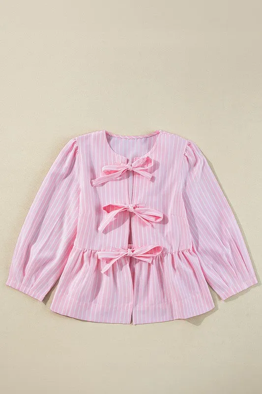 Stripe Bowknot Front Crew Neck Puff Sleeve Blouse sold by Charming Charlie product image thumbnail 4