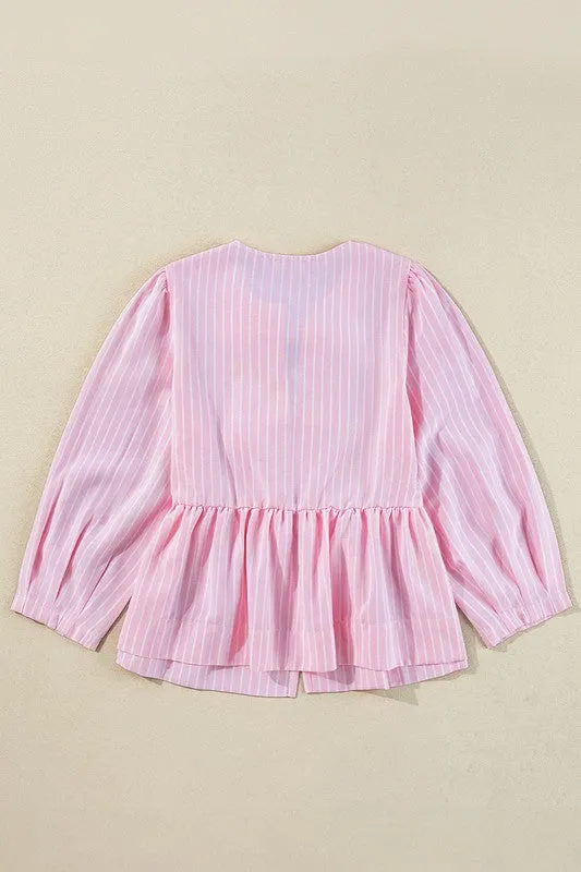 Stripe Bowknot Front Crew Neck Puff Sleeve Blouse sold by Charming Charlie product image thumbnail 3