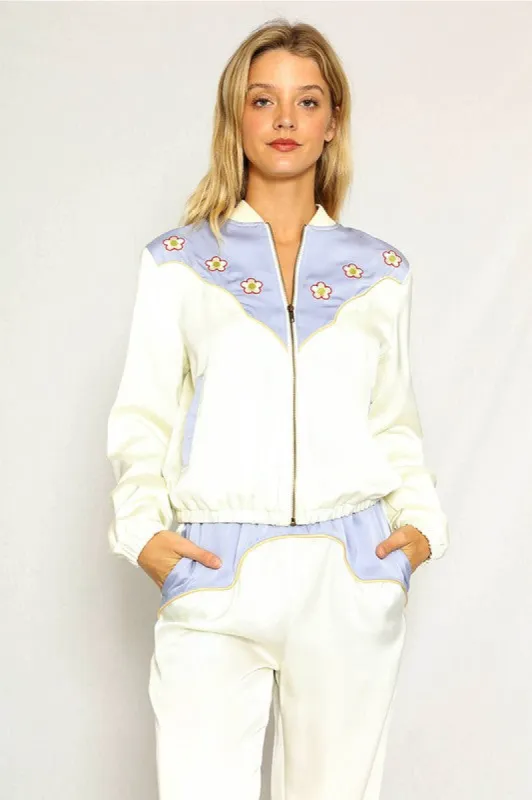 Western Satin Bomber Jacket sold by Charming Charlie