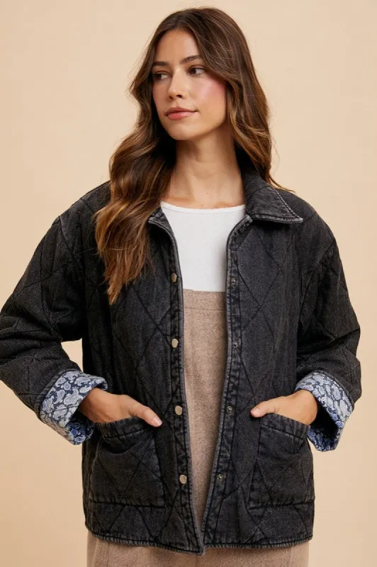 Annie Wear Quilted Printed Lining Snap Down Denim Jacket sold by Charming Charlie