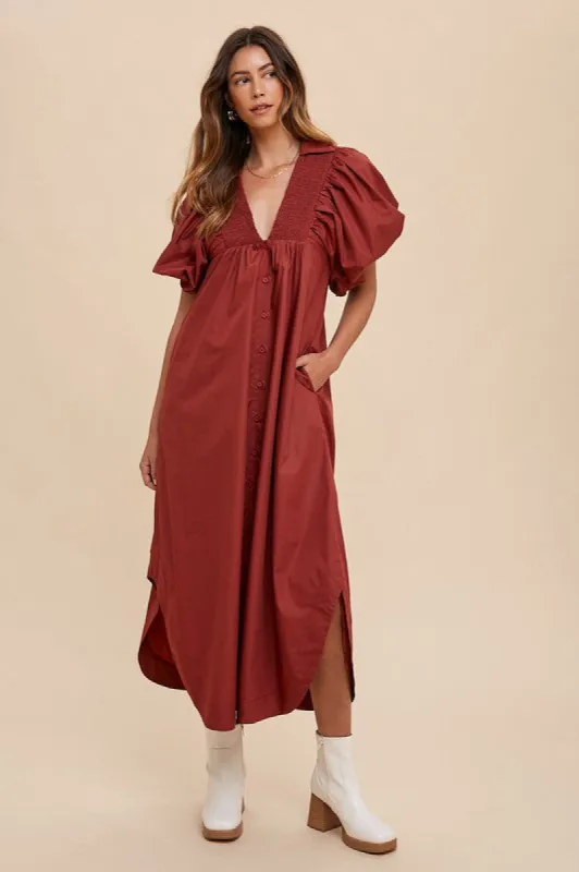 Annie Wear Smocked Puff Sleeve Midi Dress sold by Charming Charlie