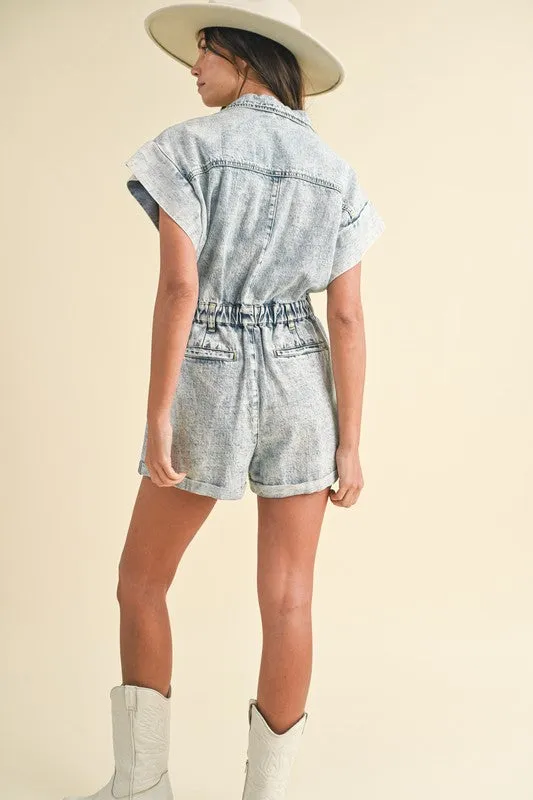 Annie Wear Elastic Waistband Short Sleeve Denim Romper sold by Charming Charlie product image thumbnail 3