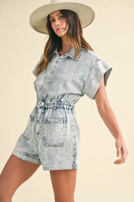 Annie Wear Elastic Waistband Short Sleeve Denim Romper sold by Charming Charlie product image thumbnail 5