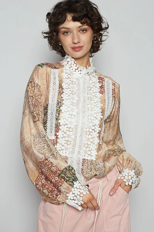 POL Lace Detail Printed Button Down Shirt sold by Charming Charlie product image thumbnail 4