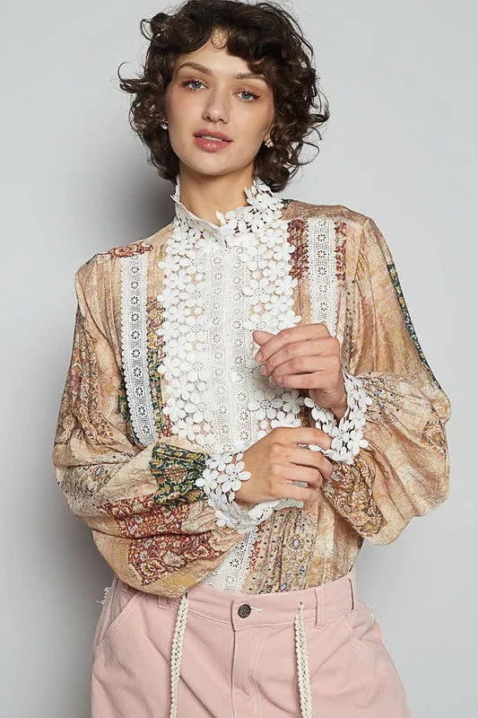 POL Lace Detail Printed Button Down Shirt sold by Charming Charlie product image thumbnail 5