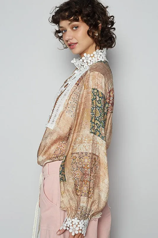 POL Lace Detail Printed Button Down Shirt sold by Charming Charlie product image thumbnail 2