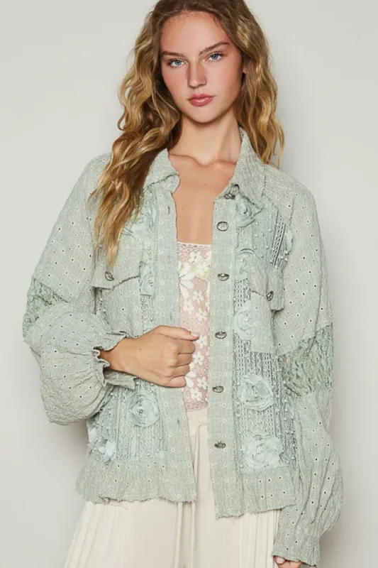 POL Eyelet Flower Pearl Detail Lace Patchwork Shirt sold by Charming Charlie