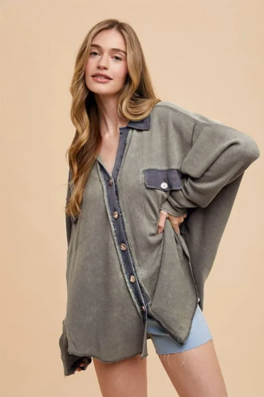 Annie Wear Waffle-Knit Mineral Washed Button Down Shirt sold by Charming Charlie