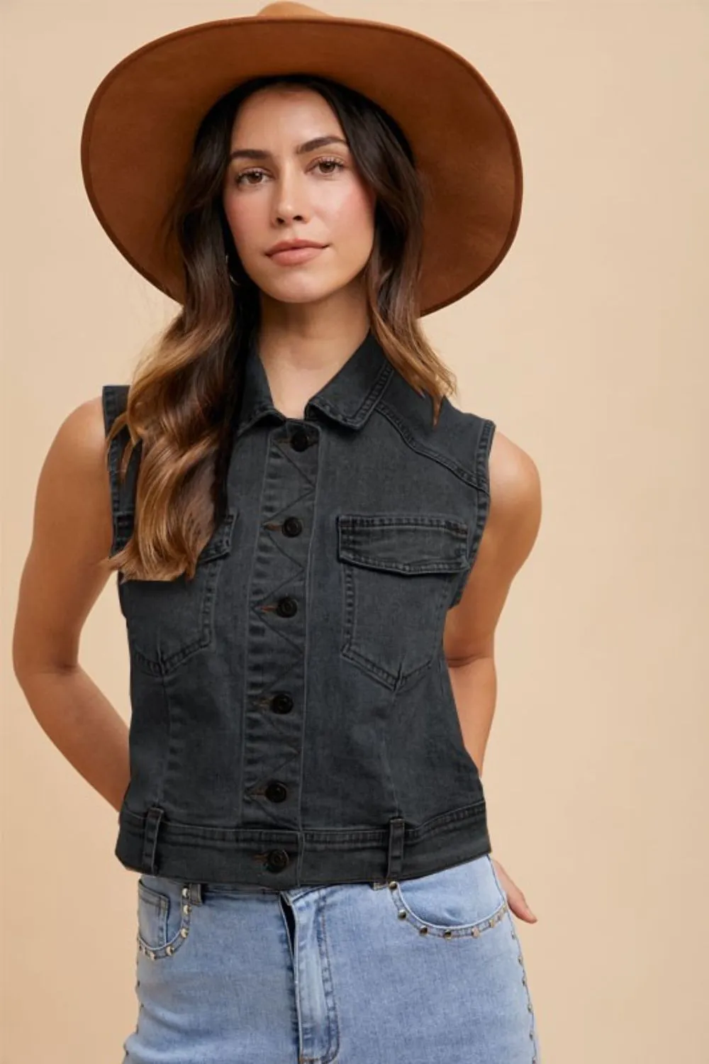 Annie Wear Collared Neck Button Down Denim Vest sold by Charming Charlie