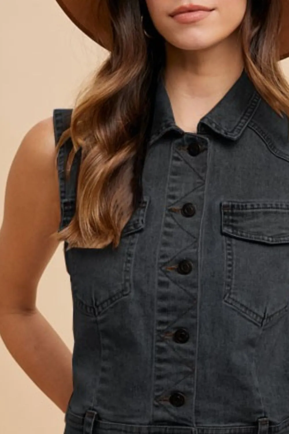 Annie Wear Collared Neck Button Down Denim Vest sold by Charming Charlie product image thumbnail 2
