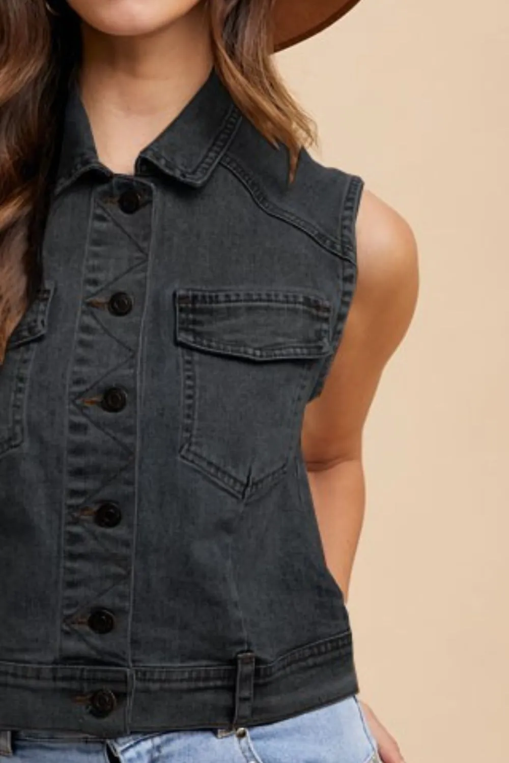 Annie Wear Collared Neck Button Down Denim Vest sold by Charming Charlie product image thumbnail 3
