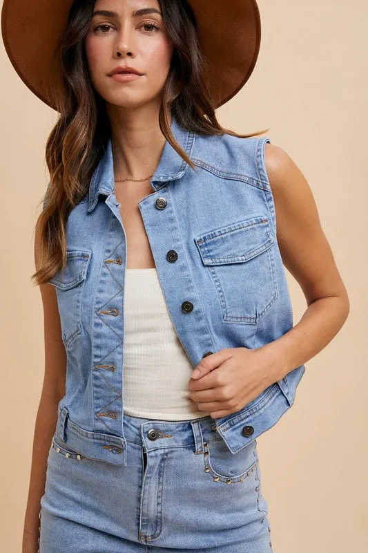 Annie Wear Collared Neck Button Down Denim Vest sold by Charming Charlie product image thumbnail 4