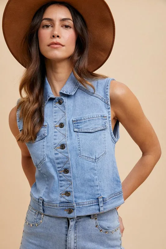 Annie Wear Collared Neck Button Down Denim Vest sold by Charming Charlie