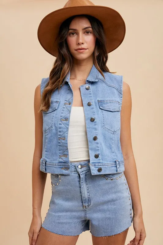 Annie Wear Collared Neck Button Down Denim Vest sold by Charming Charlie product image thumbnail 5