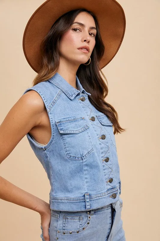 Annie Wear Collared Neck Button Down Denim Vest sold by Charming Charlie product image thumbnail 2