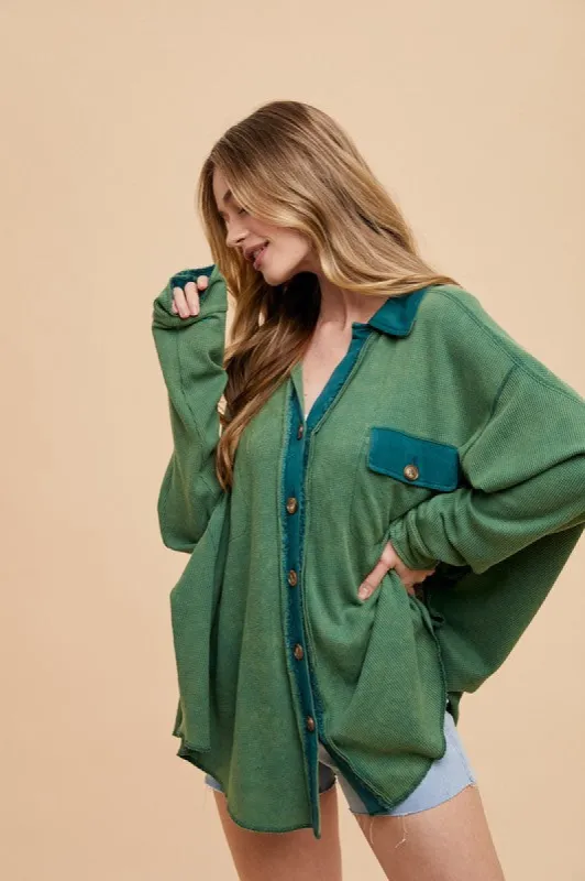 Annie Wear Waffle-Knit Mineral Washed Button Down Shirt sold by Charming Charlie