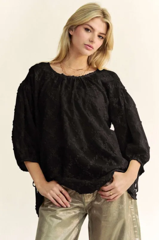 Davi & Dani Tied Round Neck Mesh Blouse sold by Charming Charlie