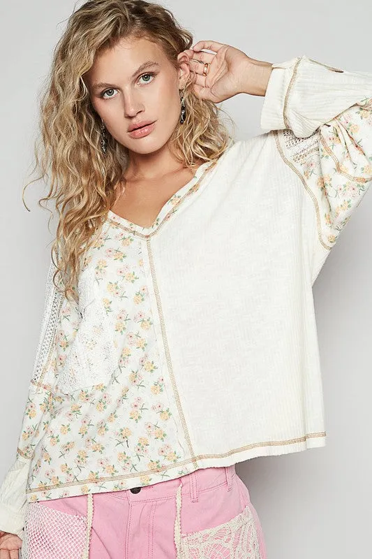 POL Floral Crochet Patch V-Neck Top sold by Charming Charlie