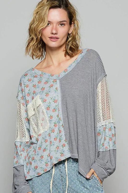 POL Floral Crochet Patch V-Neck Top sold by Charming Charlie